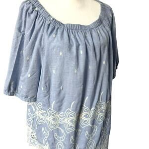 TALBOTS Women's 2X Light Blue White‎ Floral Embroidered Eyelet Cotton Tunic Top
